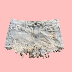 Rhinestone light washed distressed booty shorts